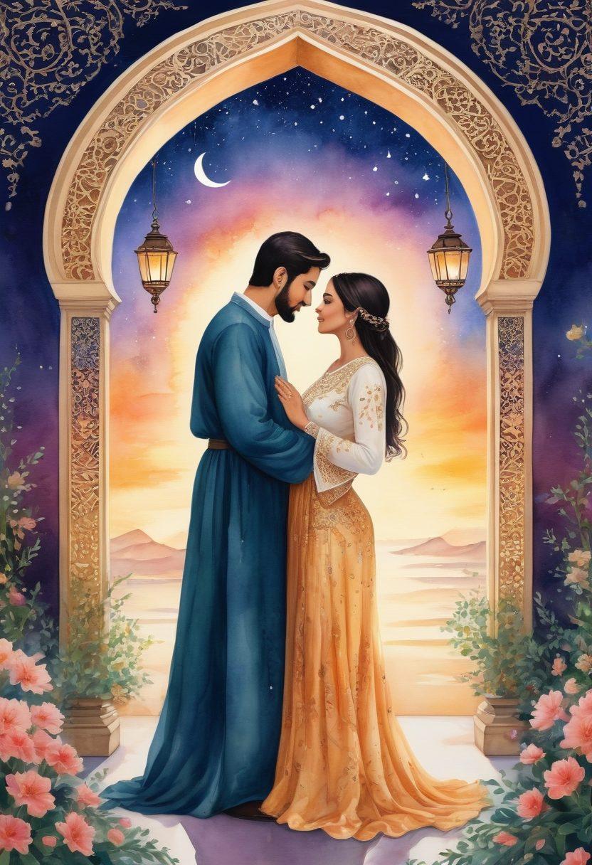 A beautifully illustrated scene of a couple in traditional Arabic attire, sharing a heartfelt moment under a starlit sky. Surround them with delicate Arabic script expressing love and romance, intertwined with blooming jasmine flowers. Incorporate elements like lanterns and crescent moons for a romantic ambiance. Emphasize warm, inviting colors with intricate patterns in the background. watercolor painting. vibrant colors. ornate details.
