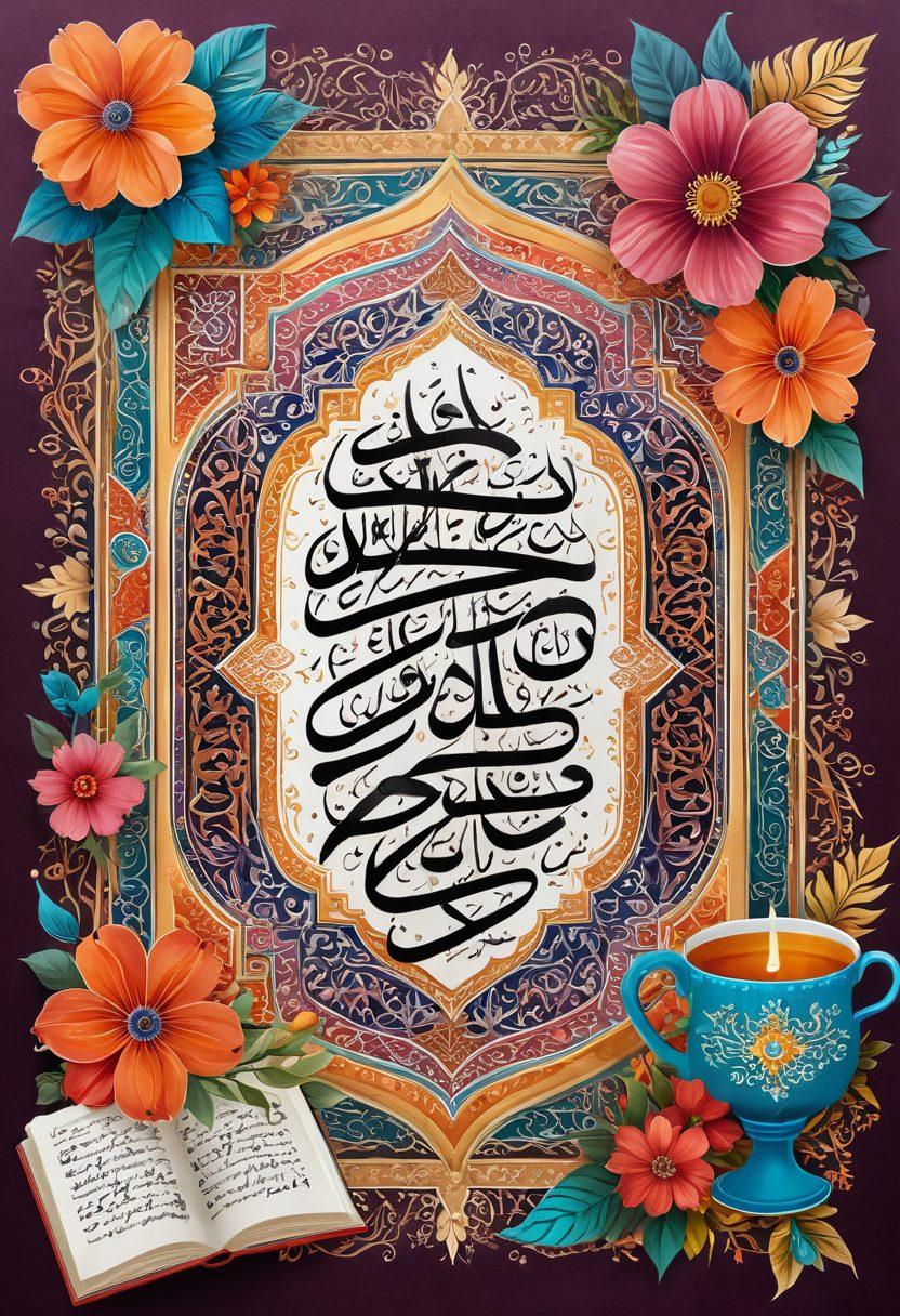 A beautifully designed calligraphy artwork featuring affectionate Arabic phrases, surrounded by vibrant floral motifs and traditional patterns. The background should be a warm, inviting gradient that captures a cozy atmosphere. Include elements like an open book and a cup of tea to symbolize learning and conversation. The overall feel should be culturally rich yet modern. super-realistic. vibrant colors. warm background.